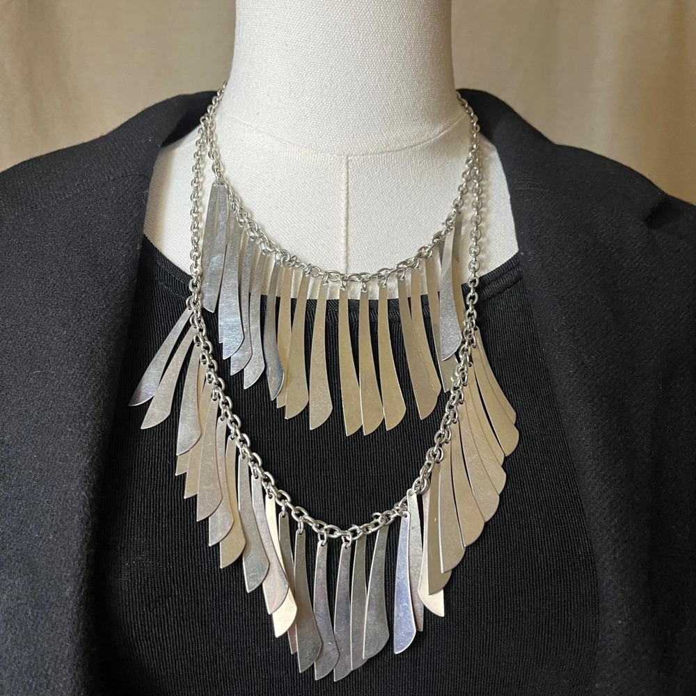 Layered Fringe‎ Statement Necklace Silver Tone Cascade Bib Adjustable 18-21.5"